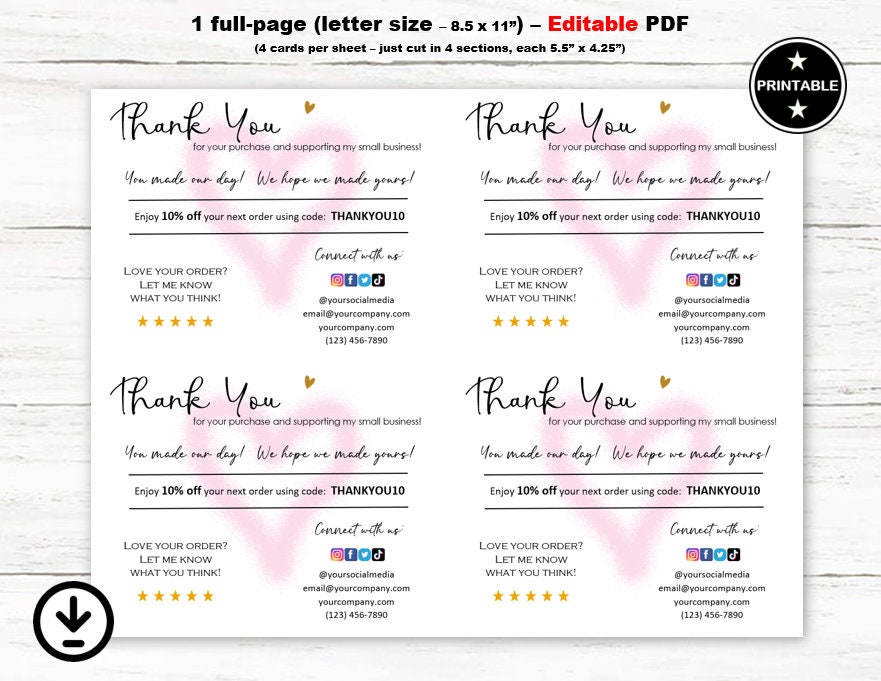 PRINTABLE EDITABLE Thank You for Your Purchase Insert Cards for ...