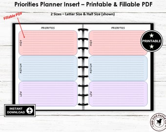 PRINTABLE & FILLABLE Priorities List Planner Insert, Colorful Planner To Do Page, Includes Half Size and Full US Letter Size Fillable pdf
