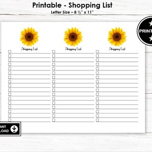 Peut inclure: Liste de courses imprimable avec trois colonnes, chacune avec un graphique de tournesol et le texte "Shopping List". La liste comporte 20 lignes vierges pour écrire.