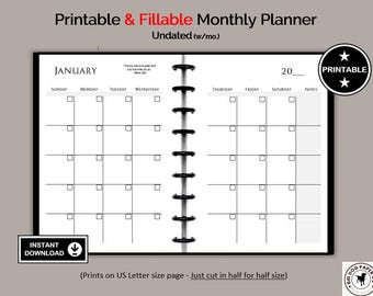 PRINTABLE & FILLABLE Monthly Planner, Monthly Planner Page Insert, Half Size and Letter Size, Monthly Calendar