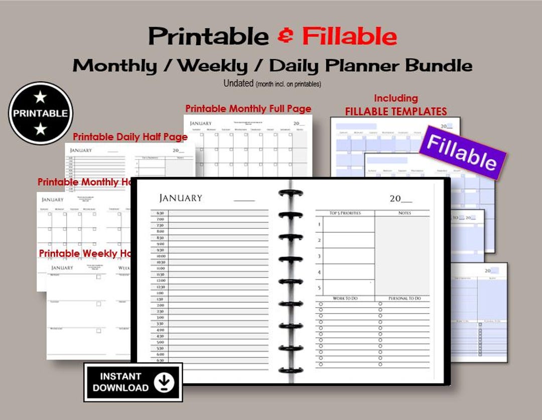 PRINTABLE & FILLABLE Daily - Weekly - Monthly Planner Bundle, Half Size ...