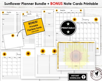 Sunflower Printable Planner Bundle Undated, BONUS Flat Note Cards, Daily, Weekly, Monthly, Calendar Schedule To Do Shopping List Lined Notes