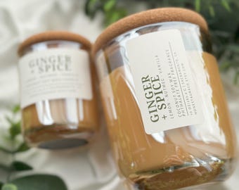Ginger Spice Non Toxic Scented Candle, Coconut Soy Wax, Phthalate Free Fragrance, Essential Oil, Crackling Wood Wick, Handmade, Aromatherapy