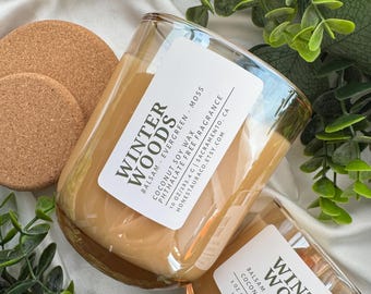 Winter Woods Non Toxic Scented Candle, Coconut Soy Wax, Phthalate Free Fragrance, Essential Oil, Crackling Wood Wick, Handmade, Balsam Fir