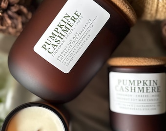 Pumpkin Cashmere Non Toxic Scented Candle, Coconut Soy Wax, Phthalate Free Fragrance, Essential Oil, Crackling Wood Wick, Handmade, Fall