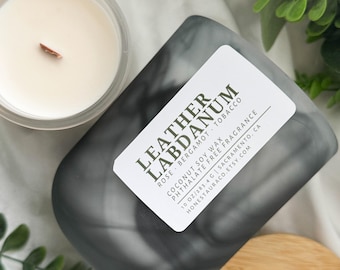 Leather Labdanum Non Toxic Scented Candle, Coconut Soy Wax, Phthalate Free Fragrance, Essential Oil, Wood Wick, Handmade, Masculine Aromas