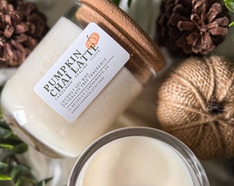 Pumpkin Chai Latte Non Toxic Scented Candle, Coconut Soy Wax, Phthalate Free Fragrance, Essential Oil, Crackling Wood Wick, Handmade, Fall