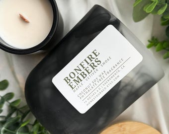 Bonfire Embers Non Toxic Scented Candle, Coconut Soy Wax, Phthalate Free Fragrance, Essential Oil, Wood Wick, Handmade, Campfire Aroma