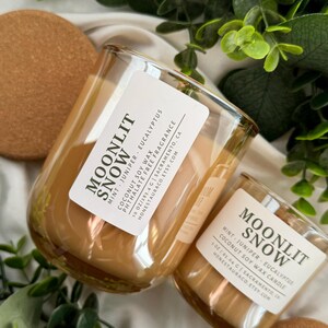 May include: Two glass candles with the text "Moonlit Snow" on the label. The candles are filled with a light brown wax and surrounded by green foliage. The labels also read "Mint, Juniper, Eucalyptus".