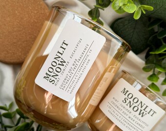 Moonlit Snow Non Toxic Scented Candle, Coconut Soy Wax, Phthalate Free Fragrance, Essential Oil, Crackling Wood Wick, Handmade, Holiday