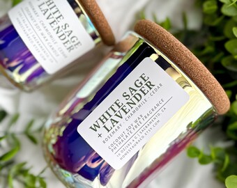 White Sage Lavender Non Toxic Scented Candle, Coconut Soy Wax, Phthalate Free Fragrance, Essential Oil, Wood Wick, Handmade, Aromatherapy