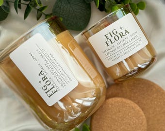 Fig + Flora Non Toxic Scented Candle, Coconut Soy Wax, Phthalate Free Fragrance, Essential Oils, Crackling Wood Wick, Handmade, Fig Tree