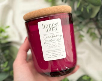 Cranberry Prosecco Non Toxic Scented Candle, Coconut Soy Wax, Phthalate Free Fragrance, Essential Oil, Crackling Wood Wick, Handmade, Aromas