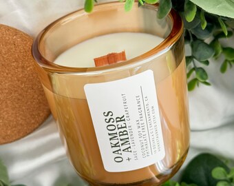 Oakmoss Amber Non Toxic Scented Candle, Coconut Soy Wax, Phthalate Free Fragrance, Essential Oil, Wood Wick, Handmade, Aromatherapy, Lavende