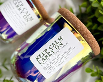 Keep Calm Carry On Non Toxic Scented Candle, Coconut Soy Wax, Phthalate Free Fragrance, Essential Oil, Wood Wick, Handmade, White Tea Aroma