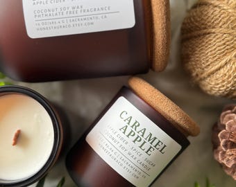 Caramel Apple Non Toxic Scented Candle, Coconut Soy Wax, Phthalate Free Fragrance, Essential Oil, Crackling Wood Wick, Handmade, Fall Decor