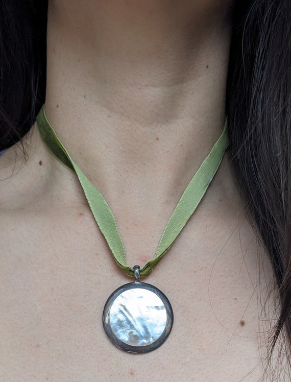 Ethereal 90s Mother of Pearl Pendant on Sage Green