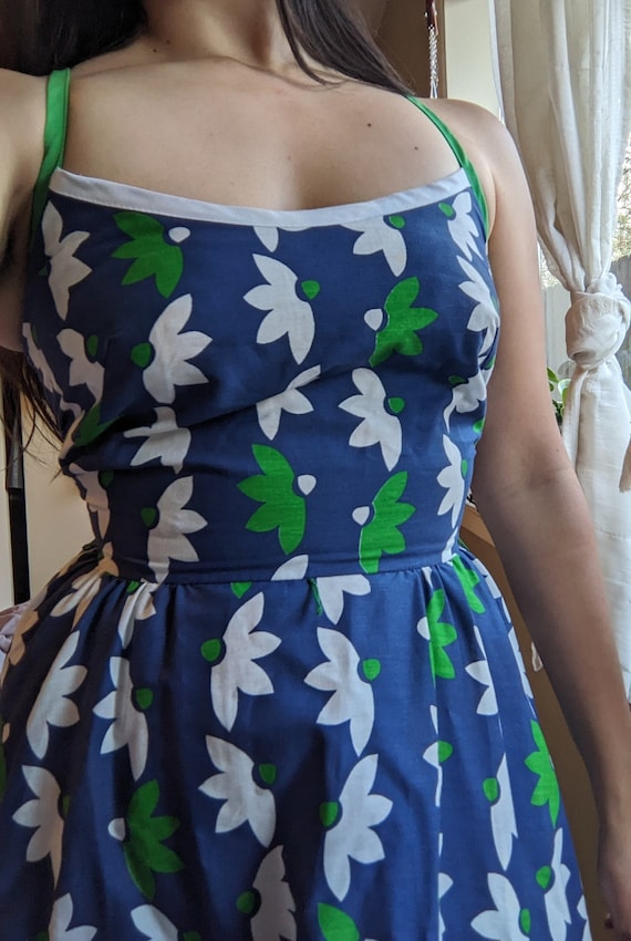 Vintage Blue and Green Floral Sundress - 60s/70s R
