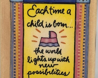 Child is Born birth announcement Inkadinkado rubber stamp wood 2x3 unused vintage