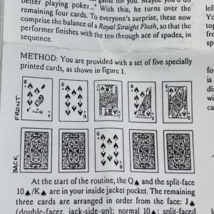 May include: A printed page with instructions for a card trick. The text describes a Royal Straight Flush using specially printed cards. The image shows the front and back of the cards, including the ten of spades and the jack of spades.