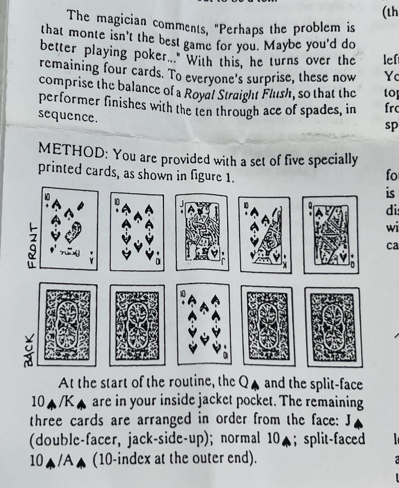 May include: A printed page with instructions for a card trick. The text describes a Royal Straight Flush using specially printed cards. The image shows the front and back of the cards, including the ten of spades and the jack of spades.