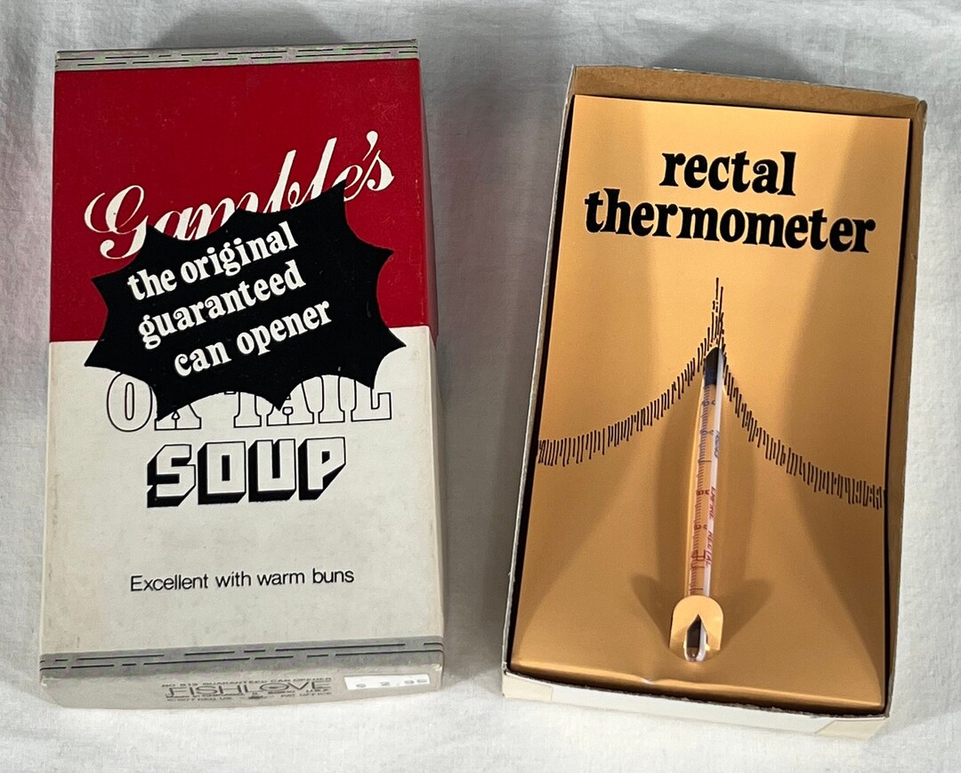 Gamble's OX Tail Soup can Opener Rectal Thermometer Adult Gag Magic Store Old Shop Stock 1977