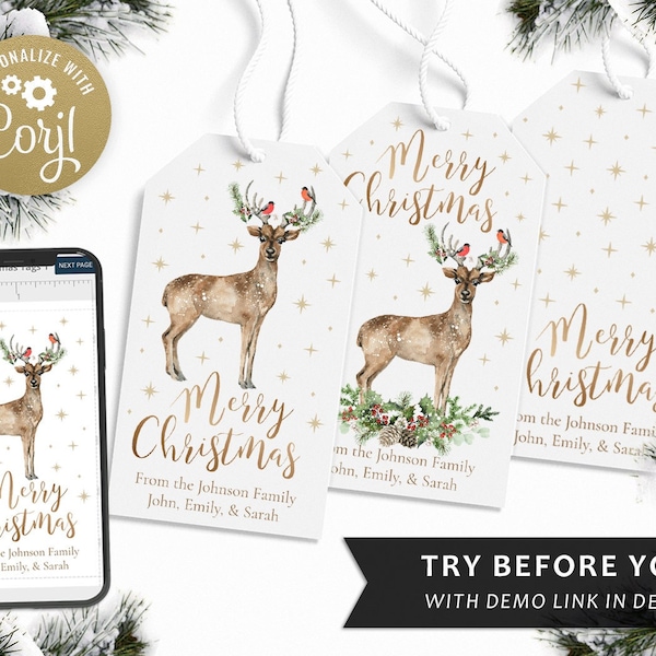 Editable Christmas Favor Tags, Digital Printable Corjl Template Holiday Labels Holiday Gift Tags Vintage Watercolor Reindeer, Birds, & Pine