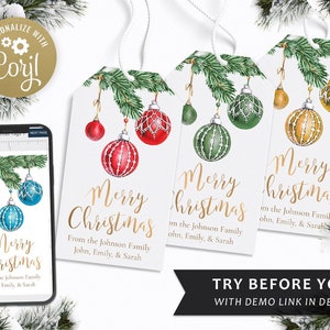 Editable Christmas Favor Tags, Digital Printable Corjl Template Holiday Labels Holiday Gift Tags Vintage Watercolor Ornaments & Pine