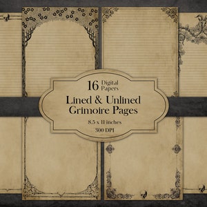 May include: Set of 16 digital papers featuring lined and unlined grimoire pages with ornate borders. The pages are 8.5 x 11 inches and 300 DPI.