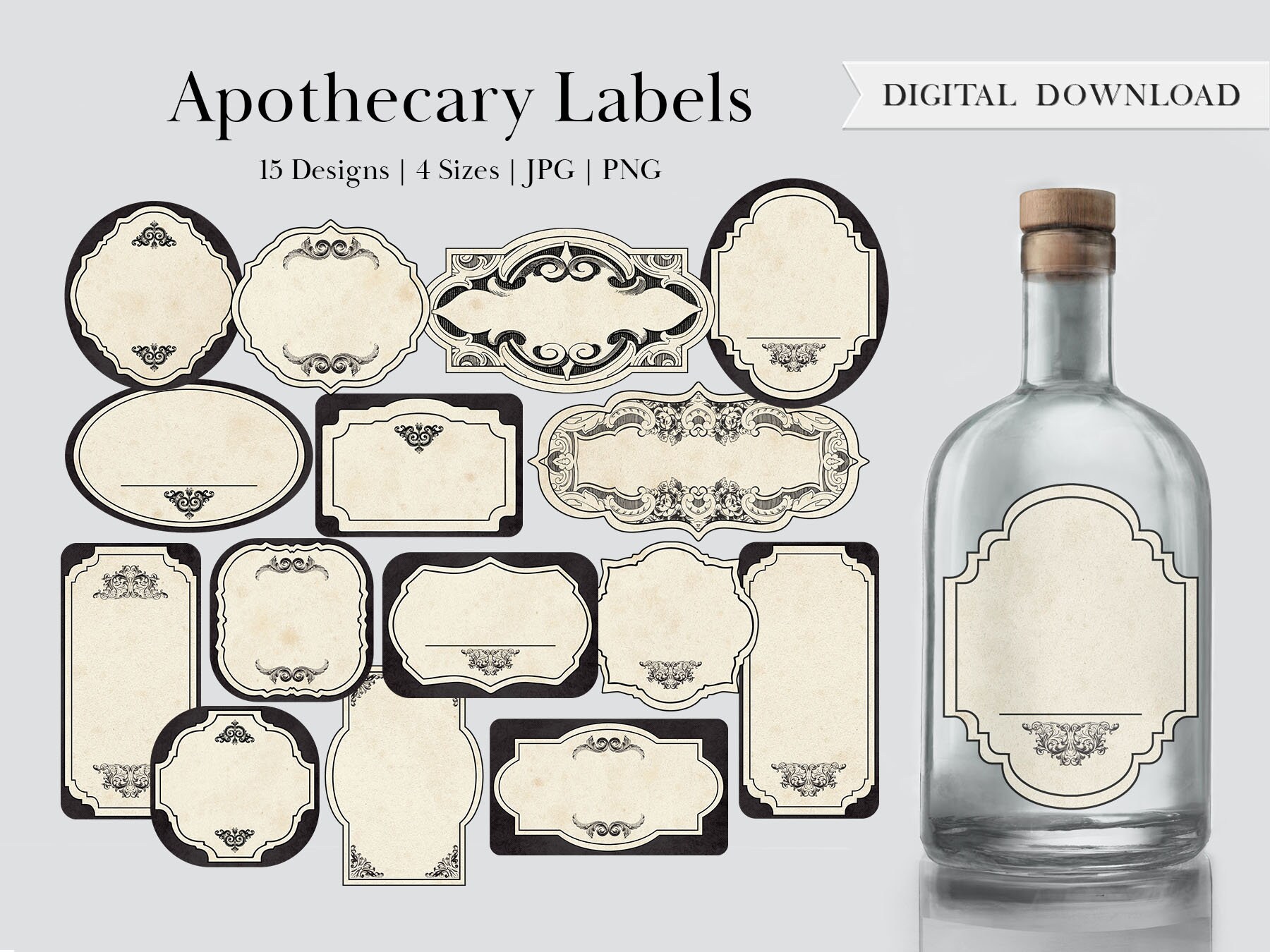 Beige Apothecary Labels, Vintage Blank Potion Labels for Bottles, Round, Printable Digital Gothic Herb Jar Witchcraft DnD & Junk Journals