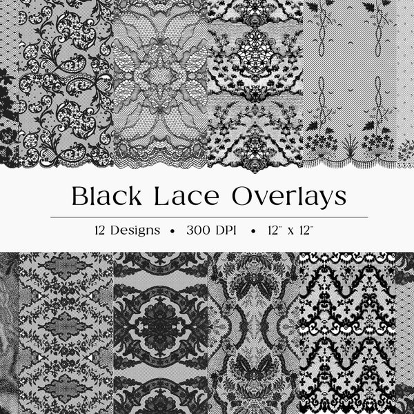 Black Lace Overlays, Transparent Digital Paper, Seamless Pattern, Vintage Lace, Embellishments, Ephemera, Scrapbooking, Gothic, Floral 12x12