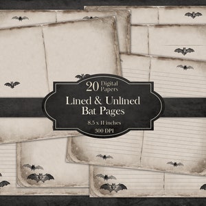 Liniowane i nieliniowane strony nietoperza, pusty papier do dziennika Grimoire Księga zaklęć Cieni Czarostwo Wiedźma Vintage Halloween Gotycki Gotycki Horror Poe