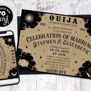 Bewerkbare bruiloft Ouija Board uitnodiging, digitale afdrukbare aanpasbare Corjl sjabloon Vintage Gothic Save the Date mystieke occulte uitnodigen