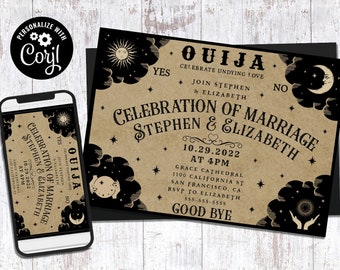 May include: A brown and black wedding invitation with a Ouija board theme. The invitation features a black and white illustration of a crescent moon, stars, and hands holding a crystal ball. The text on the invitation reads "Ouija Celebrate Undying Love Join Stephen & Elizabeth Celebration of Marriage Stephen & Elizabeth 10.29.2022 At 4PM Grace Cathedral 1100 California St San Francisco, CA. RSVP to Elizabeth 555-555-5555 Good Bye".