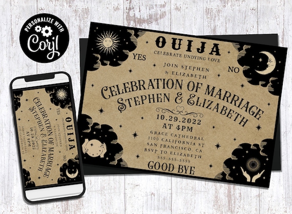 Editable Wedding Ouija Board Invitation, Digital Printable Customizable Corjl Template Vintage Gothic Save the Date Mystical Occult Invite