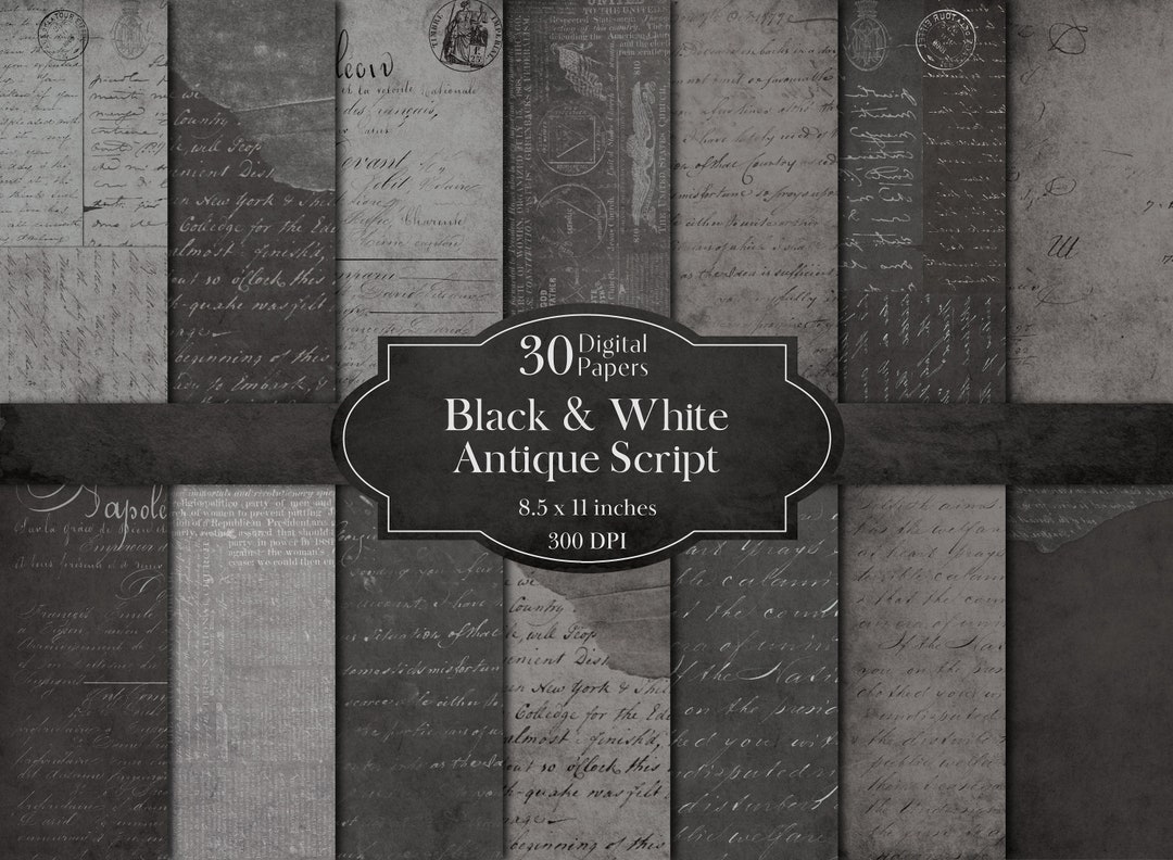 Black & White Antique Script Pages, Digital Junk Journal Paper Pack ...