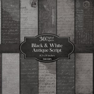 Pagine di script antichi in bianco e nero, confezione di carta digitale Junk Journal strappata vecchia grafia vintage gotico Halloween Ephemera Scrapbooking