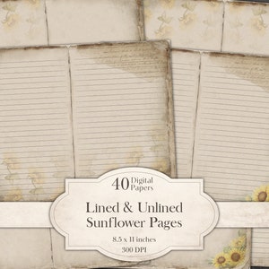 Lined & Unlined Sunflower Pages, Junk Journal Printable Vintage Floral Ephemera Torn Distressed Old Tattered Book Digital Paper Blank