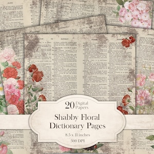 Puede incluir: 20 papeles digitales con diseños florales shabby chic en páginas de diccionario vintage. Los papeles miden 8,5 x 11 pulgadas y 300 DPI.
