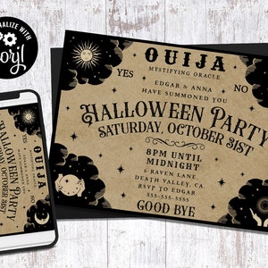 Editable Halloween Ouija Board Invitation, Digital Printable Customizable Corjl Template Vintage Gothic Mystical Spooky Occult Invite