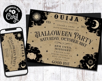Editable Halloween Ouija Board Invitation, Digital Printable Customizable Corjl Template Vintage Gothic Mystical Spooky Occult Invite