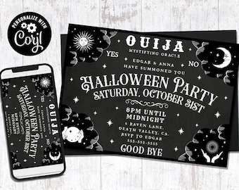 Editable Halloween Black & White Ouija Board Invitation, Digital Printable Customizable Corjl Template Vintage Gothic Mystical Spooky Invite