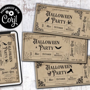 Editable Halloween Invitations, Digital Printable Customizable Corjl Ticket Template Vintage Gothic Adult Party Invitation Occult Invite