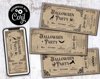 Invitaciones de Halloween editables, Digital Imprimible Personalizable Corjl Ticket Template Vintage Gothic Adult Party Invitation Occult Invite