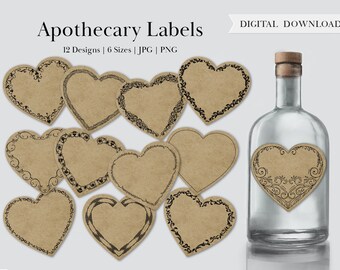 Hearts Apothecary Labels, Vintage Love Potion Labels for Bottles, Printable Digital Valentines Day, Gothic, Witchcraft, DnD & Junk Journals