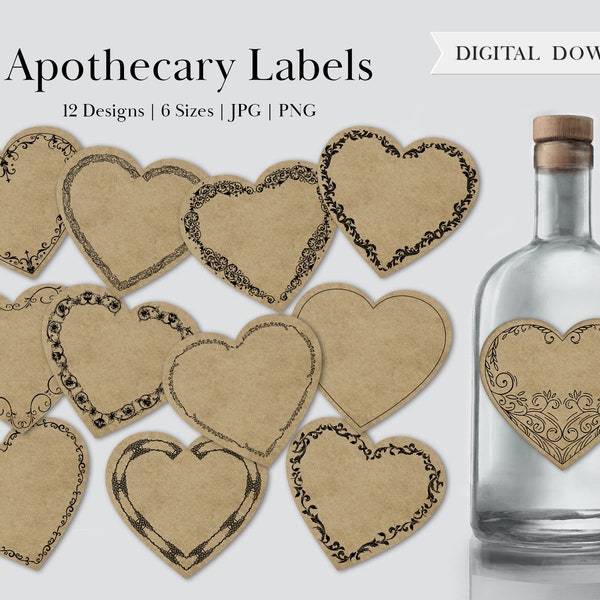 Hearts Apothecary Label, Love Potion Labels Blank Digital Printable Miniature Gothic Herbs Bottle Jar Valentines Wizard Tags Frames