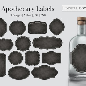 Blank schwarz & weiß Apotheker Etikett, Trank Etiketten rund digital bedruckbare Miniatur Gothic Kräuter Flasche Glas Zauberer Tags Rahmen
