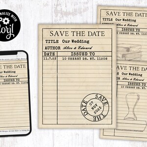 Editable Library Card Invitation Numérique Imprimable Personnalisable Corjl Modèle vintage Invitation de mariage Enregistrer le cachet Date Anniversaire Douche 04