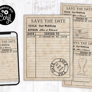 Editable Library Card Invitation Digital Printable Customizable Corjl Template Vintage Wedding Invite Save the Date Stamp Birthday Shower 05