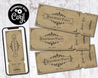 Tres invitaciones editables de Halloween, imprimibles digitales personalizables Corjl Ticket Template Vintage Gothic Invitation Adult Party Invite